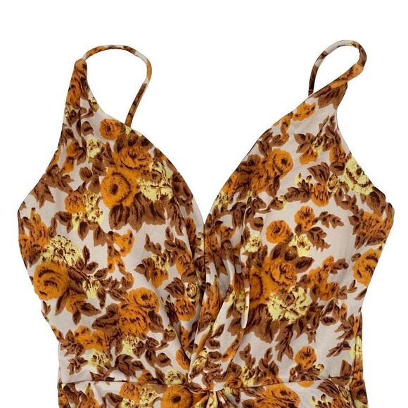 Jonathan Simkhai Ingrid Deep V One Piece Swimsuit 70s Floral Brown Orange XS New - Picture 4 of 14